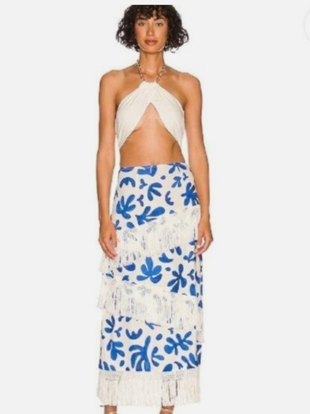 WeWoreWhat Blue & White Fringe Skirt